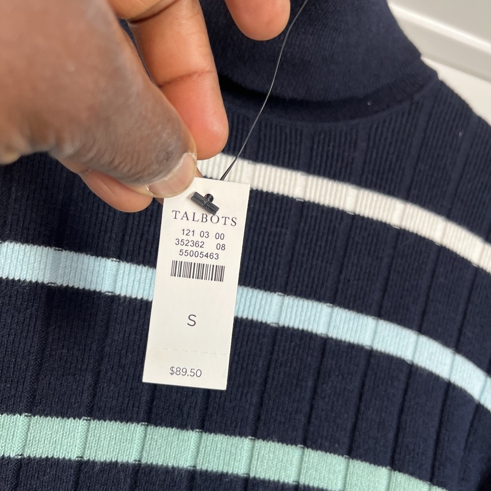 TALBOTS Blue Green Stripe Ribbed Turtleneck Sweater Button Cuff S New Nautical - Picture 8 of 12